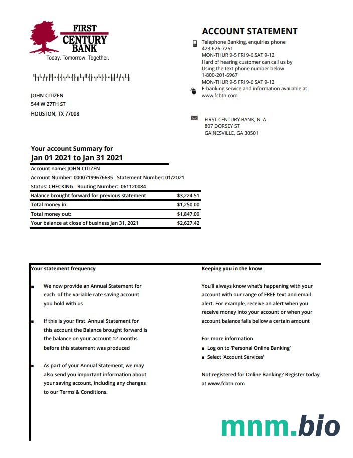 USA Georgia Gainesville First century wzór wyciągu bankowego w formacie Word i PDF